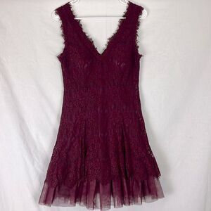 Betsy & Adam Maroon Lace & Tulle Mini Formal Dress